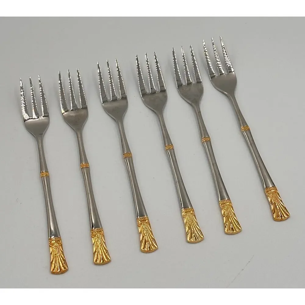 Baek San Royal Seafood Dessert Appetizer Stainless Steel Gold Trim Forks 6pc Set